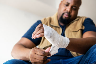 Injured man wrapping wrist.